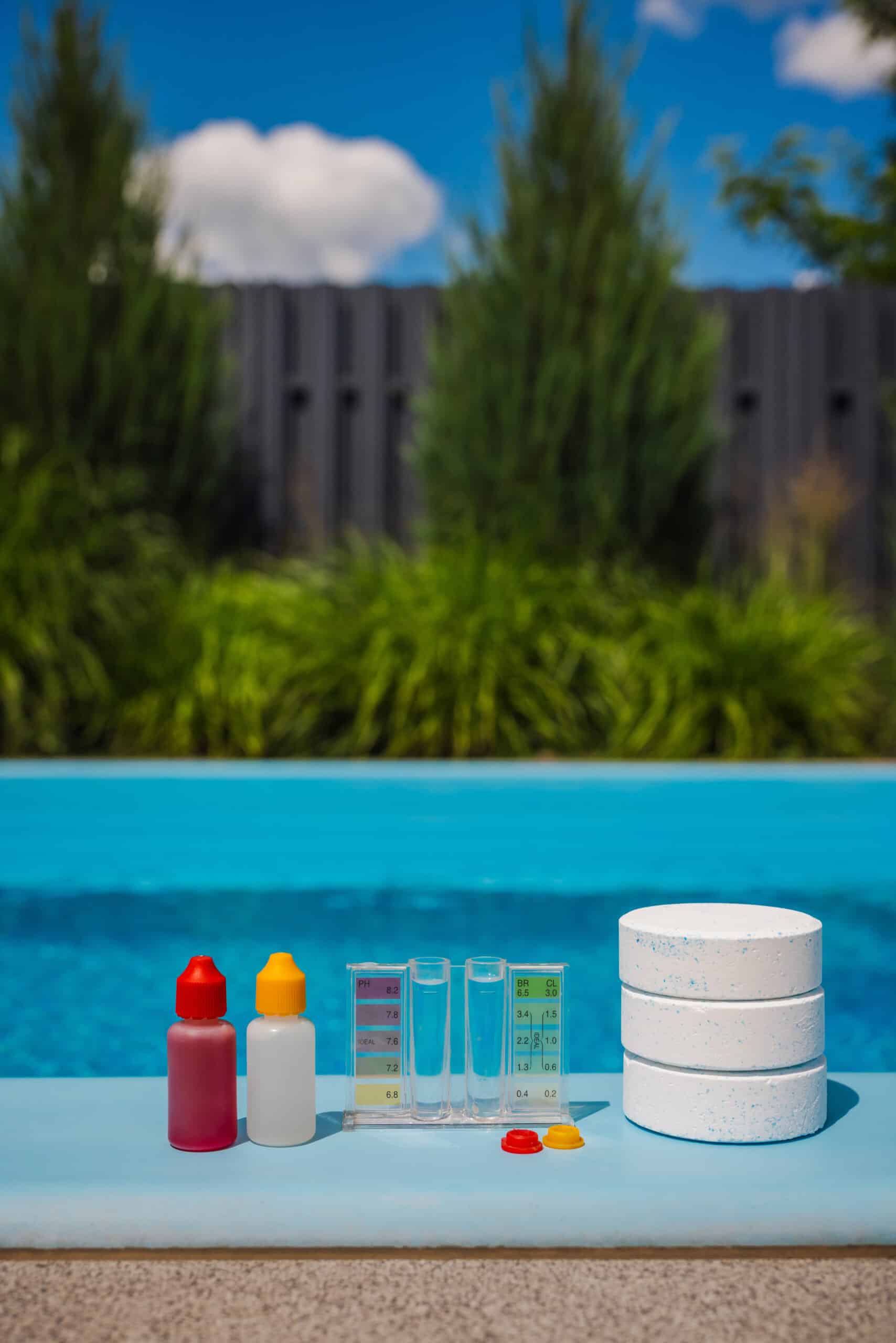Kit de test de piscine avec réactifs, photomètre affichant pH 8.2 et chlore 3.0, et galets de chlore près de l'eau.