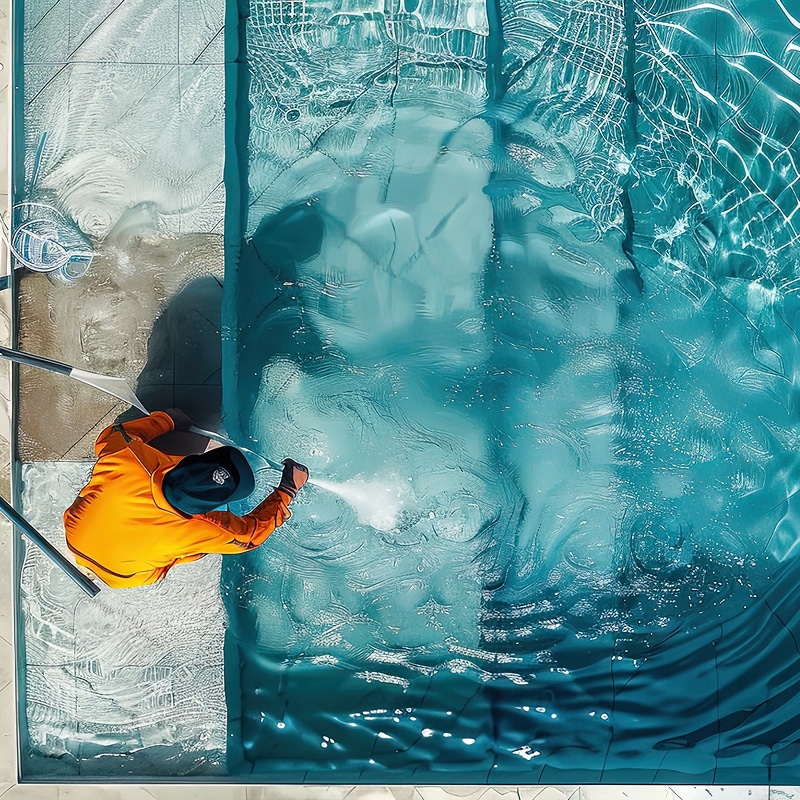 Vue aérienne d'un nettoyeur en tenue orange lavant le bord d'une piscine aux eaux bleues agitées avec un jet d'eau.