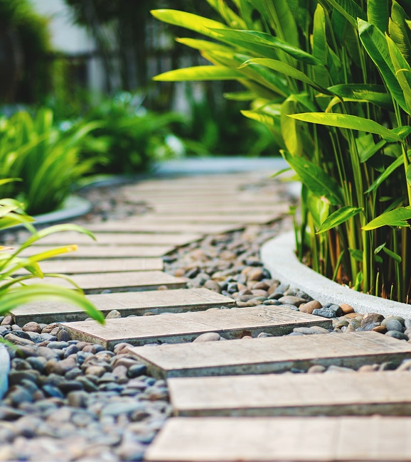 Sentier de jardin sinueux avec des dalles de pierre claires encastrées dans des galets, bordé de luxuriantes plantes tropicales vertes.